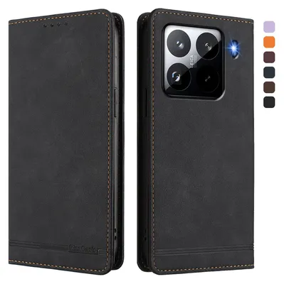 Image de Etui pour Xiaomi 15 Pro, étui rétro en cuirPolyuréthaneavec support et fentes pour cartes de crédit Noir