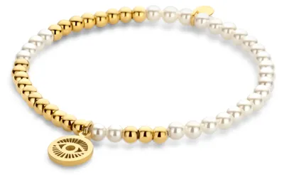 Produktbild von CO88 Kollektion 8CB-91273 Perlenarmband aus Stahl und Perlen mit Anhänger – Auge – 10 mm Durchmesser – 4 und 3,5 mm – dehnbar – 17,8 cm – goldfarben; weiß