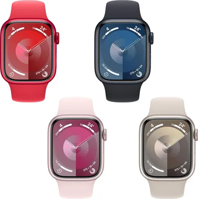 A collage of five smartwatches in different colors, each displaying a watch face with weather and time information.