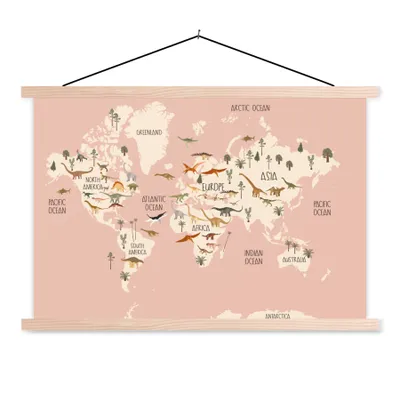 Obrázek produktu pro MuchoWow® Textilní plakát - Mapa světa - Dětský pokoj - Dino's - Girls - Kids - Pink - 120x80cm - S hnědými lamelami