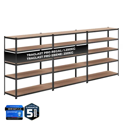 Produktbild von ALL Premium Schwerlastregal 3er-Set 180x150x60cm Schwarz – Bis 1250 kg belastbar, höhenverstellbar, Stecksystem, ideal für Lager, Garage & Keller