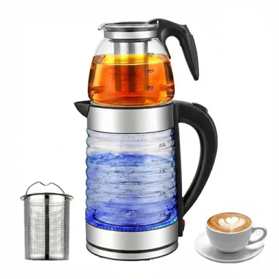 Produktbild von Elektrischer Teekocher 2-in-1, Wasserkocher 2,2L & Glaskanne 0,8L, Türkischer Teebereiter, 1500W Schnellheizung, herausnehmbarer Filter, 360° Basis