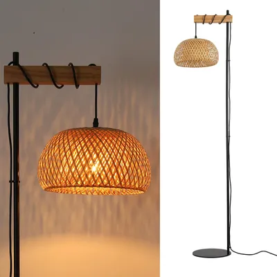 Image de Lampadaire Ylva en bois et osier avec abat-jour en bambou, interrupteur au pied et design moderne pour le salon ou la cuisine, E27