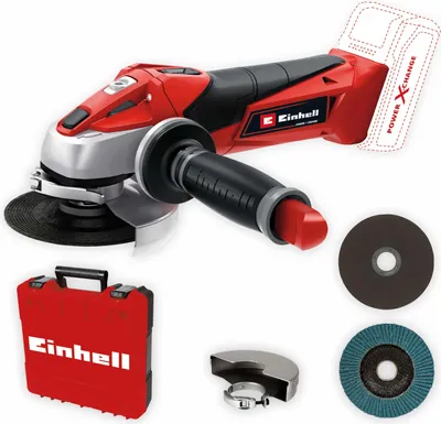 A cordless angle grinder and its accessories are displayed against a white background.