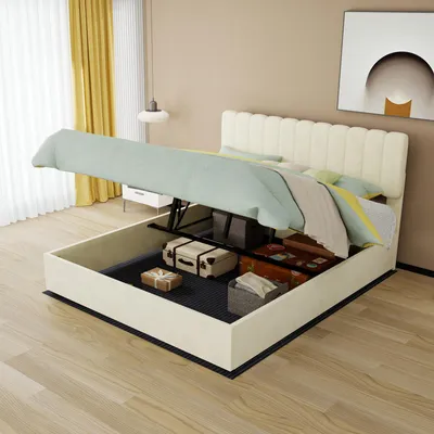 Productafbeelding van Boxspringbed 140x200 cm met hydraulische opbergruimte, verstelbaar hoofdeinde en lattenbodem, linnen hoes in grijs, bedframe voor de slaapkamer