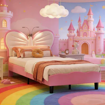Immagine prodotto di Letto per bambini INONEFT, dimensioni 90x200 cm, letto a forma di principessa con lampada da lettura, letto per bambine, testiera a forma di farfalla, letto imbottito, letto singolo
