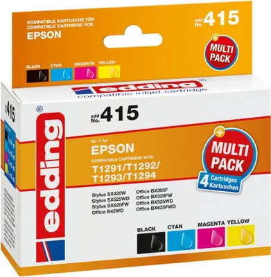 The image shows the retail packaging of a multipack of Edding compatible ink cartridges for Epson printers.