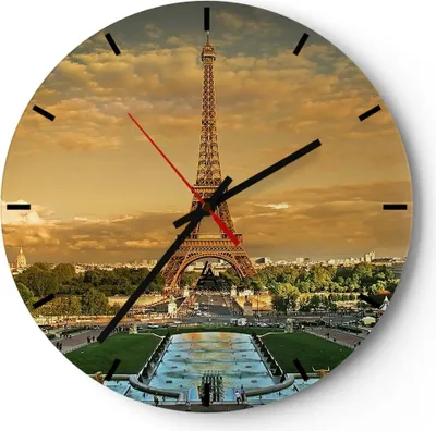 Produktbild von Wanduhr - Rund - Glasuhr - Eiffelturm Frankreich Paris - 40x40cm - Schleichendes Uhrwerk - Lautlos - zum Aufhängen bereit - Dekoration Modern - Wanddekoration aus Glas - C3AR40x40-0435