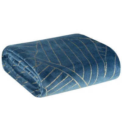A folded blue blanket with a gold geometric pattern is shown against a white background.
