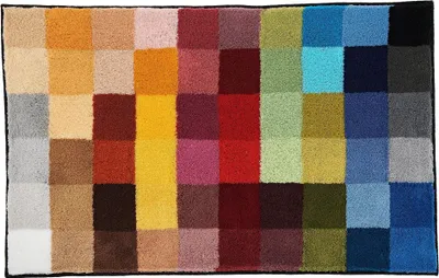 A flat lay of a multicolor rug with a grid pattern.