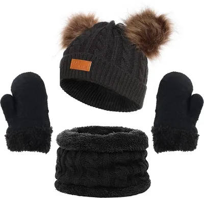 Produktbild von Mütze Schal Set Kinder,Kinder Wintermütze Schal Handschuhe,Bommel Beanie Strickmütze Schalmütze,Schal Mütze und Handschuhe,Mädchen Jungen Warm Fellbommel Beanie Hüte für 3-8 Jahre