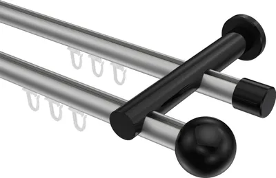 Produktbild von Interdeco Innenlaufstange / Gardinenstange mit Innenlauf Silbergrau / Schwarz, Typ Platon Luino (Kugel), 20 mm Ø 2-läufig, 240 cm