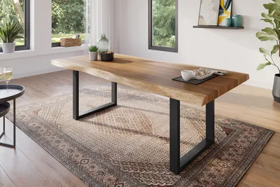 Produktbild von Esstisch 220 x 100 cm Akazie massiv natur Baumkantentisch U-Gestell schwarz ATLAS