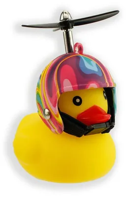 Image de Winkee - Canard couineur pour vélo Flower Power avec casque | L'adorable klaxon de vélo avec casque et hélice