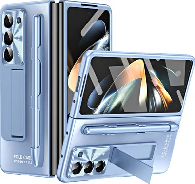 Image de Étui pour Samsung Galaxy Z Fold 6 étui en PC dur électroplaqué avec protection de l'écran, protection de l'objectif, support et porte-stylo bleu