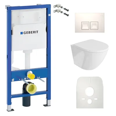 Produktbild von DOMINO Geberit Duofix Basic Vorwandelement + Wand-WC Tiefspül Sofi Becken Weiß Spülrandlos + Bedienplatte Delta 25 für Doppelspülung | Komplett - Setz