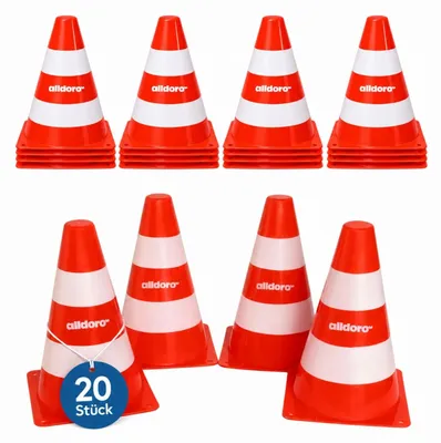Produktbild von Pylonen 20er Set – Robuste Markierungskegel für Sport, Spiel und Verkehrserziehung, 18 cm hoch, Orange-Weiß, stapelbar