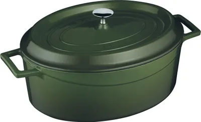 A green oval cast iron pot with a lid and handles, shown from a side angle against a white background.