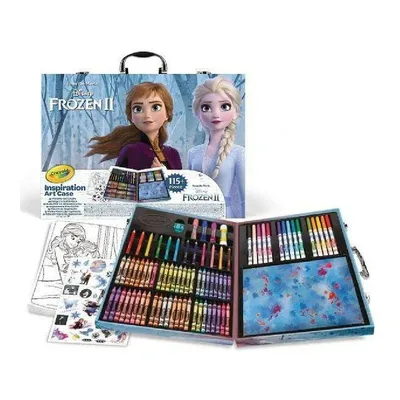 An open art case filled with crayons, markers, and coloring pages, featuring characters from Disney's Frozen II.
