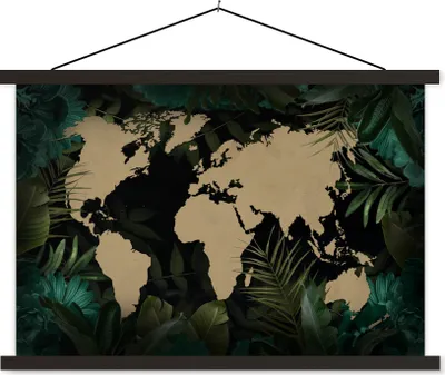 Produktbild von MuchoWow® Textilposter Weltkarte - Schwarz - Pflanzen 90x60 cm mit schwarzem Rahmen - Aufhängungssatz