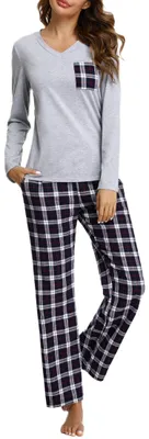 Produktbild von Elzusha – Damen-Pyjama-Set aus Flanell mit Karomuster, mit langen Ärmeln und Hose