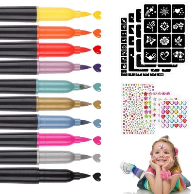 Image de Kit de stylos pour tatouages pour enfants, 10 couleurs, avec pochoirs et strass