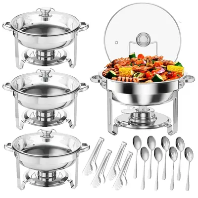 4er-Set Chafing Dish 5 L, Edelstahl, Glasdeckel, Catering-Wärmer