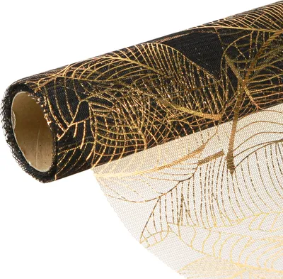 Produktbild von Schwarz-Gold Organza Tischläufer mit Blättermuster 48x450cm