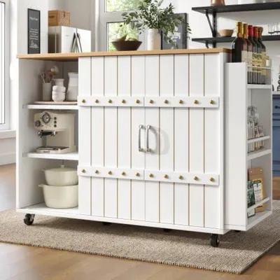 Produktbild von Kücheninsel Servierwagen mit ausziehbarer Arbeitsplatte auf Rollen, 110x42x90cm, Weiß