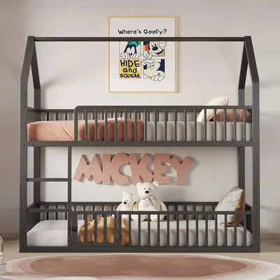 Image de okwish Lit superposé 90×200 cm pour enfants, sans matelas, avec escalier et design loft, lit inférieur avec porte, barrières de sécurité tout autour – noir