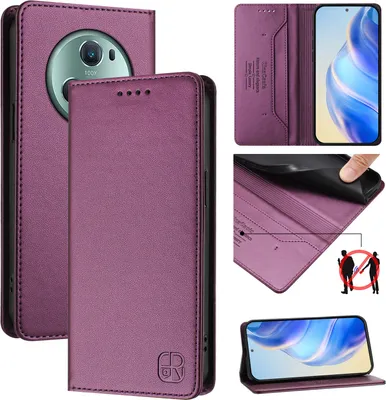 Image de Etui en cuir pour Honor Magic5 Pro, étui à rabat avec fentes pour cartes, portefeuille et support Violet