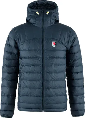 A navy blue hooded puffer jacket is shown front-on against a white background.