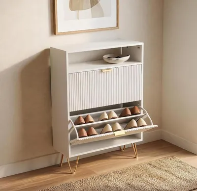 Image de Meuble Chaussure Entrée, Armoire Large 2 Tiroirs Rabattables, Étagère & Support Métal, Grand Rangement, Couloir Vestibule, Blanc