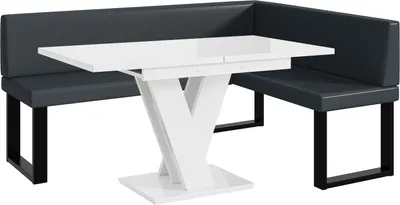 Produktbild von MEBLINI Eckbank für Esszimmer mit ausziehbarem Tisch  - Küchenbank - Essecke - Sitzecke Küche - ERIC - U-Beine 128x168x87cm Rechts - Dunkelgrau Kunstleder/M Weiß Hochgl.