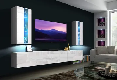 Produktbild von Furnitech Wohnwand Wohnzimmer - Wohnzimmer Möbel mit LED Blau - Hängend Wohnwand Modern - Wohnzimmer Schrankwand mit Regale und TV Schrank (Luiziana AN20-18W-HG2 1A)