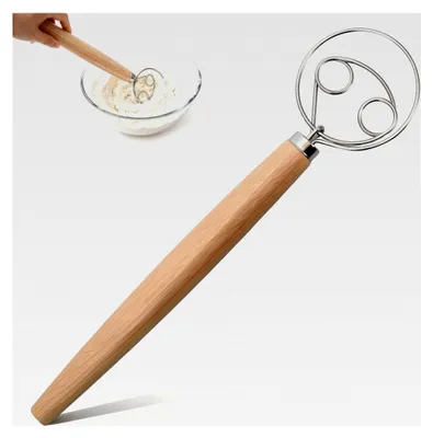 Produktbild von Dänischer Teigbesen, 13 Zoll Handrührer, Brotbackzubehör aus Edelstahl mit Holzgriff für Brot, Gebäck, Kuchen, Dessert und Pizzateig