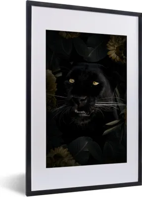 Produktbild von MuchoWow® MuchoWow® Gerahmtes Poster Panther - Schwarz - Blumen 40x60 cm - Poster mit zchwarzem Bilderrahmen - Poster in Rahmen
