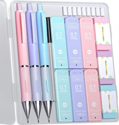 Image de Set de porte-mine pastel avec étui, 3 porte-mine 0,7 mm, 360 mines HB, gommes, crayons mécaniques 3PCS-0,7mm