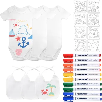 Productafbeelding van Babybabylapjes om te beschilderen, 3 stuks, 40x21 cm, met textielstiften en sjablonen voor kinderen