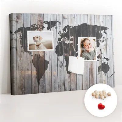 Obrázek produktu pro Korková nástěnka s kolíčky - Tabule s kolíky pro fotografie a poznámky - 60x40 cm - Připínáčky dřevěné 100 kusů - Svět na deskách