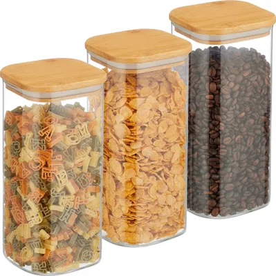 Produktbild von Relaxdays Vorratsgläser mit Bambusdeckel, 3er Set, eckige Vorratsdosen aus Glas, 1500 ml, luftdicht, transparent/natur