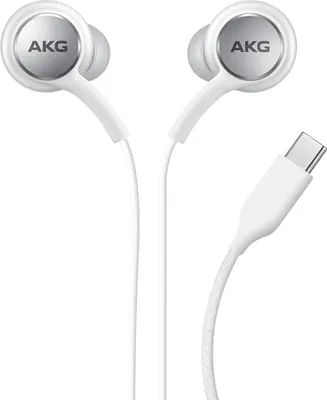 A pair of white AKG headphones with a USB-C connector, shown against a white background.