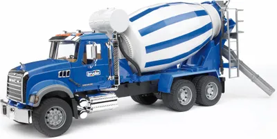 A blue and white MACK Granite cement mixer truck is shown against a white background.