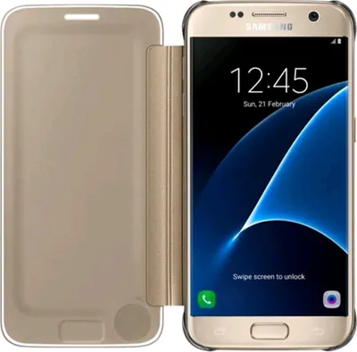 A gold Samsung Galaxy S7 phone with a flip case cover.