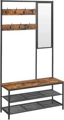 Obrázek produktu pro Nábytek do předsíně – věšák na kabáty a oděvy se zrcadlem – 7 háčků – kovový rám a dřevo – 35×98×180 cm – hnědý