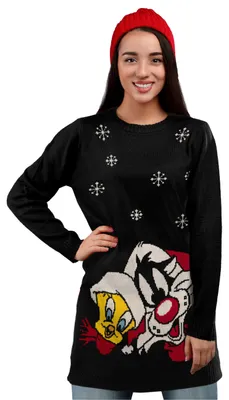 Produktbild von Looney Tunes Strickkleid für Damen - Sylvester und Tweety Winter Strick Schwarz S