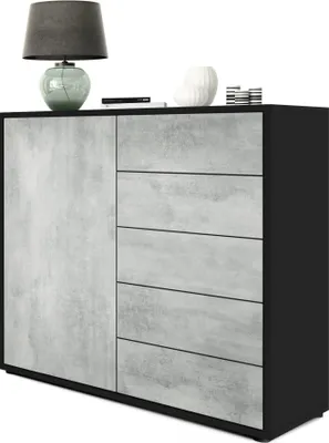 Produktbild von Vladon Sideboard Ben V2,  Germany, Kommode mit 1 Tür und 5 Schubladen, Schwarz matt/Beton Oxid-Optik (79 x 74 x 36 cm)