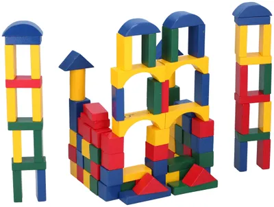 Zdjęcie produktu dla Drewniane klocki konstrukcyjne Marionette Wooden Toys - zabawki od 2 lat - 100 sztuk - w pojemniku do przechowywania - czerwone, żółte, zielone i niebieskie