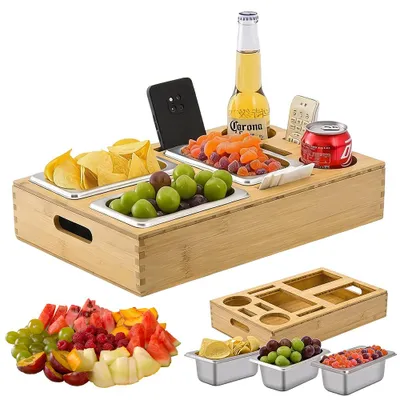 Produktbild von Juksun Couchbutler Couchbar 70x26x7.6cm Holz mit 3 Fächern und 3 Edelstahlschalen Snackbox für Sofa und Bett
