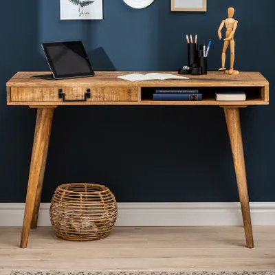 Produktbild von Massiver Schreibtisch RETRO 120cm Mangoholz Bürotisch mit Schublade Arbeitstisch Computertisch